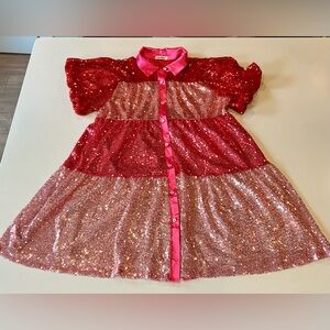 Gee Gee multi toned Red and Pink Sequin Dress w puff sleeve size large